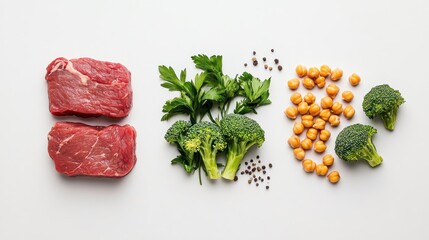 Wall Mural - Fresh ingredients including meat, vegetables, and legumes arranged for meal preparation.