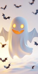 Poster - A cheerful ghost with glowing eyes and a smiling mouth, surrounded by bats in a whimsical setting.