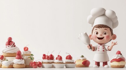 Poster - A cheerful cartoon chef stands among various delicious desserts, showcasing a fun baking theme.