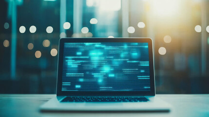 Laptop with glowing code on screen
