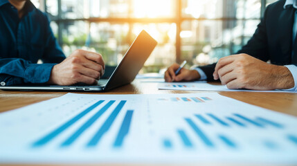 Two colleagues work together on a project, reviewing charts and graphs.