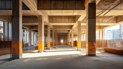 Canvas Print - Interior view of a construction site with concrete pillars and unfinished spaces.