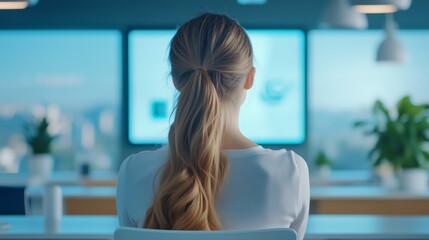 A woman sharing her ideas with a group, her enthusiasm contagious, while the office behind her remains out of focus and serene. 