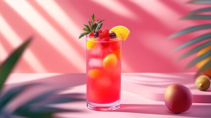 A vibrant cocktail with fruit garnishes on a pink background, evoking refreshment and fun.