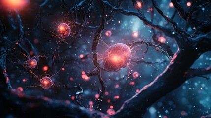 Wall Mural - abstract representation of neurons and synapses in a digital environment.
