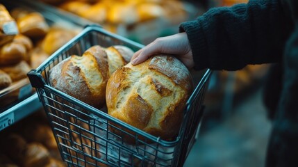 Wall Mural - A hand holding a basket with fresh bread rolls in a bakery setting.