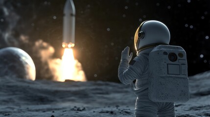 Canvas Print - An astronaut waves as a rocket launches from a lunar surface, showcasing space exploration.