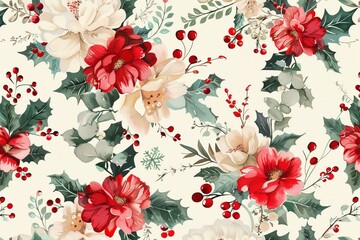 Christmas watercolor illustration, seamless botanical pattern of red and white flowers, green leaves, holly and red berries on white background, for printing on fabric or wrapping paper