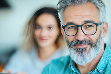 Wall Mural - A man with a beard and glasses smiles at the camera.