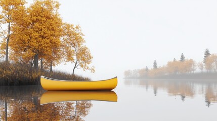 Sticker - A serene landscape featuring a yellow canoe on a misty lake surrounded by autumn foliage.