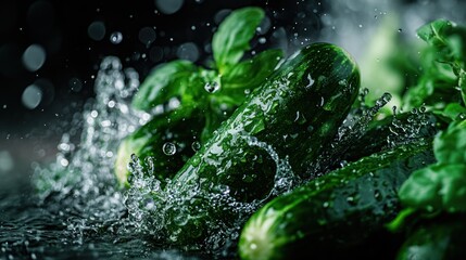 Canvas Print - Fresh cucumbers and basil splashing in water, highlighting freshness and culinary appeal.