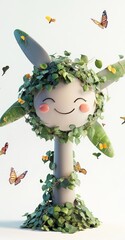 Sticker - A whimsical character adorned with leaves and butterflies, exuding a cheerful vibe.