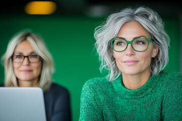 Sticker - Two women, one with gray hair and green glasses, look away from the camera.