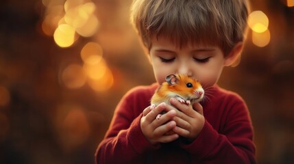 Sticker - A child gently holds a hamster, showcasing a tender moment of companionship and care.