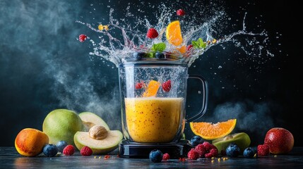 Canvas Print - A vibrant smoothie blend splashes in a blender, surrounded by fresh fruits.