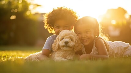 Wall Mural - Two children joyfully pose with a fluffy dog in a sunlit grassy area.