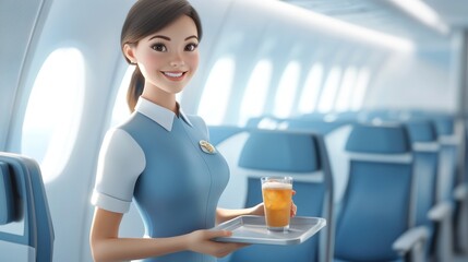 Canvas Print - A smiling flight attendant serves a drink in an airplane cabin.