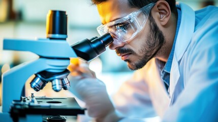 Wall Mural - A scientist examines a sample under a microscope in a laboratory setting.