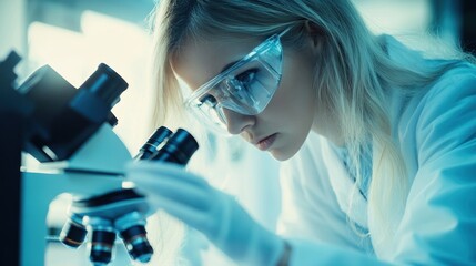 Wall Mural - A scientist examines samples under a microscope in a laboratory setting.