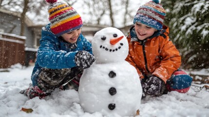 Poster - Two children building a snowman in a snowy yard, enjoying winter fun together.