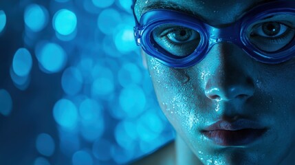 Sticker - Close-up of a swimmer in goggles with water droplets, emphasizing focus and determination.