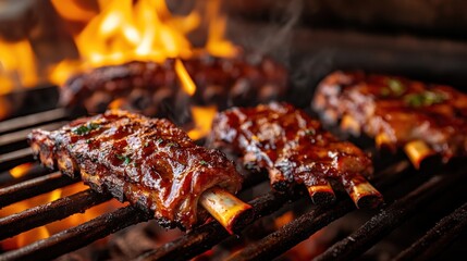 Canvas Print - Grilled ribs glistening with sauce over an open flame, showcasing a delicious barbecue scene.