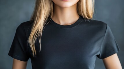 Wall Mural - A close-up of a person wearing a black t-shirt against a neutral background.