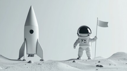 Canvas Print - A minimalist scene featuring an astronaut with a flag next to a rocket on a lunar surface.