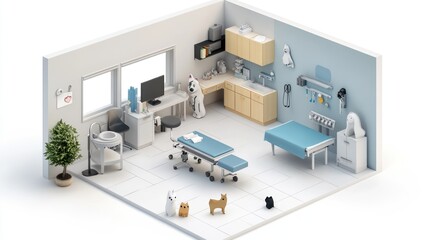 Sticker - A veterinary clinic interior with examination tables and animal patients.