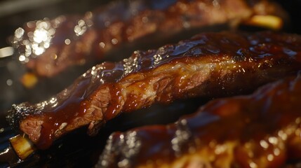 Wall Mural - Close-up of grilled ribs glazed with barbecue sauce, showcasing a delicious meal.