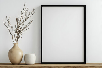 simple minimalist frame mockup poster hanging on the white wall