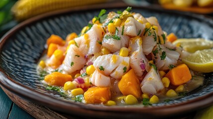 Sticker - A traditional Peruvian ceviche dish, with fresh raw fish marinated in citrus, served with sweet potatoes and corn.