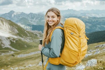 A smiling female traveler with a yellow hiking backpack enjoys the beautiful scenery of the majestic mountains. Travel, adventure. Concept of an active lifestyle, ai