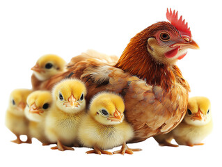 A mother hen surrounded by her adorable yellow chicks, showcasing nurturing and warmth in a lively barnyard setting.