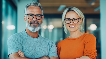 Wall Mural - A middle-aged man and woman wearing glasses smiling at the camera.