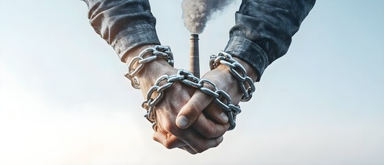 Hands bound in chains gripping a smoking factory, symbolizing environmental responsibility, 3D illustration