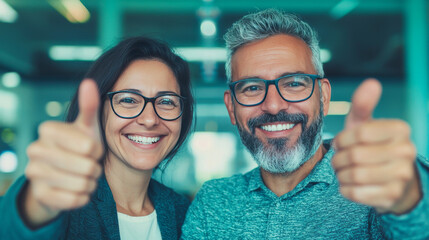 Poster - A man and a woman, both wearing glasses, smile and give thumbs up.