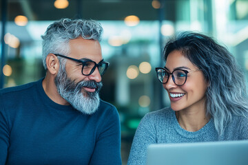 Wall Mural - Smiling man and woman looking at a laptop.