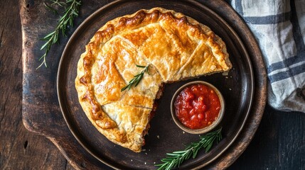 An Australian meat pie, golden and flaky, served with a side of tomato sauce on a rustic plate.