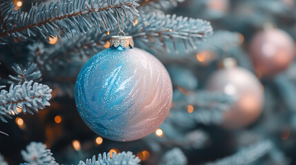 A festive close-up of frosted pine branches adorned with blue and pink Christmas ornament balls, surrounded by warm lights, encapsulating the winter holiday magic and charm.