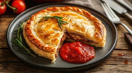 An Australian meat pie, golden and flaky, served with a side of tomato sauce on a rustic plate.