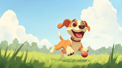 Happy cartoon dog chasing a ball in an open meadow. Bright sky and room for copy in the background