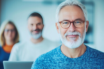 Sticker - Smiling senior man with a white beard and glasses in a professional setting.