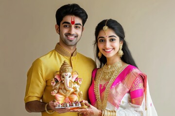 Portrait young Indian couple dressed traditional attire man holding