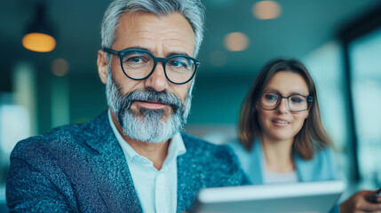 Poster - A man and woman look at a tablet.