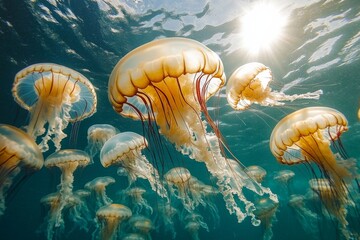 Underwater photograph group jellyfish swimming ocean are different Jellyfishs with other