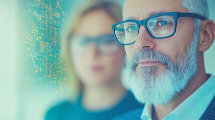 Poster - Focused man in glasses looking away with a woman in the background