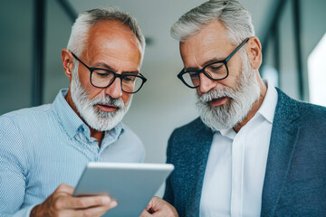 Canvas Print - Two senior businessmen look at a tablet.