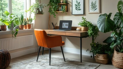 A well-decorated home office with a modern desk, laptop, and decorative plants, offering copy space