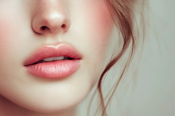 Wall Mural - Close-up photo of a beautiful young woman's face with fresh and smooth skin and pink lips with a light background _ smooth skin with skin and body care , ai